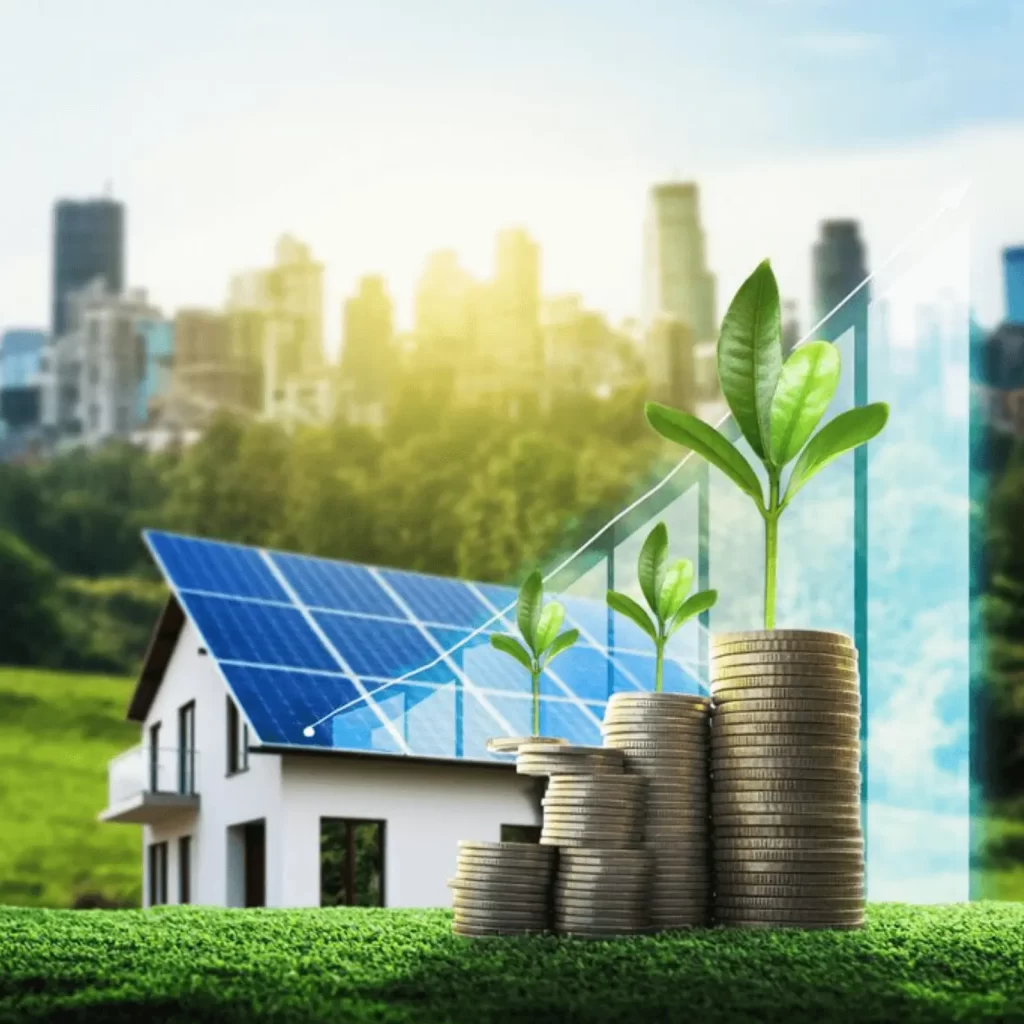 Solar panels on home and coins showing savings