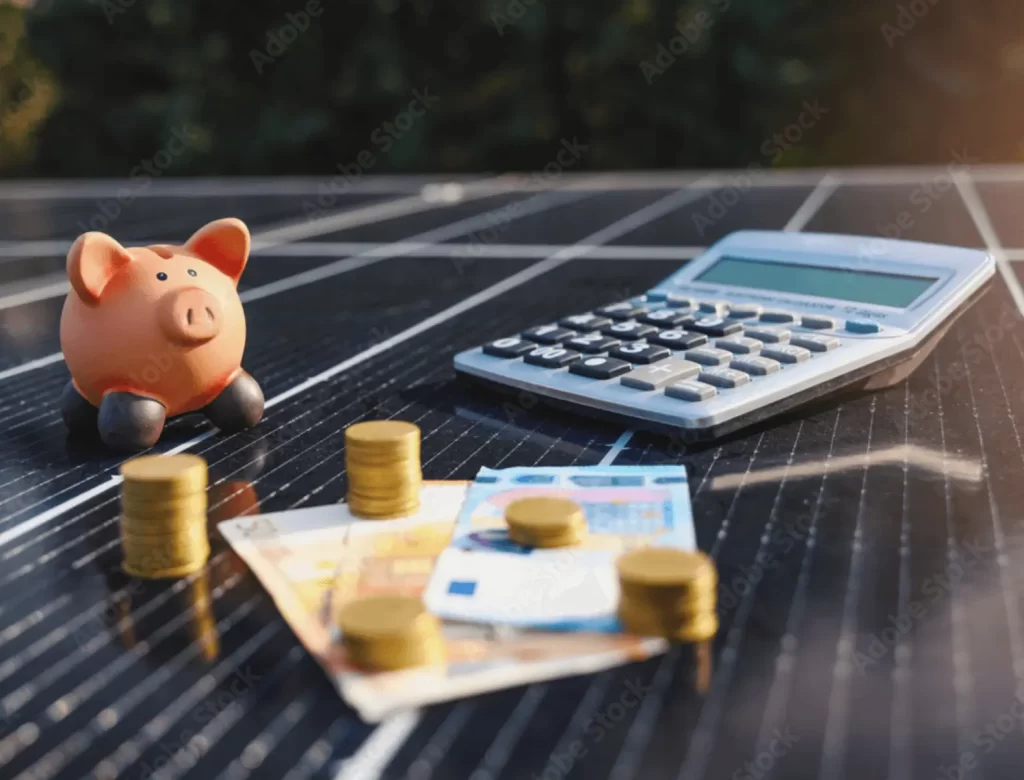 A piggy bank and money on solar panels