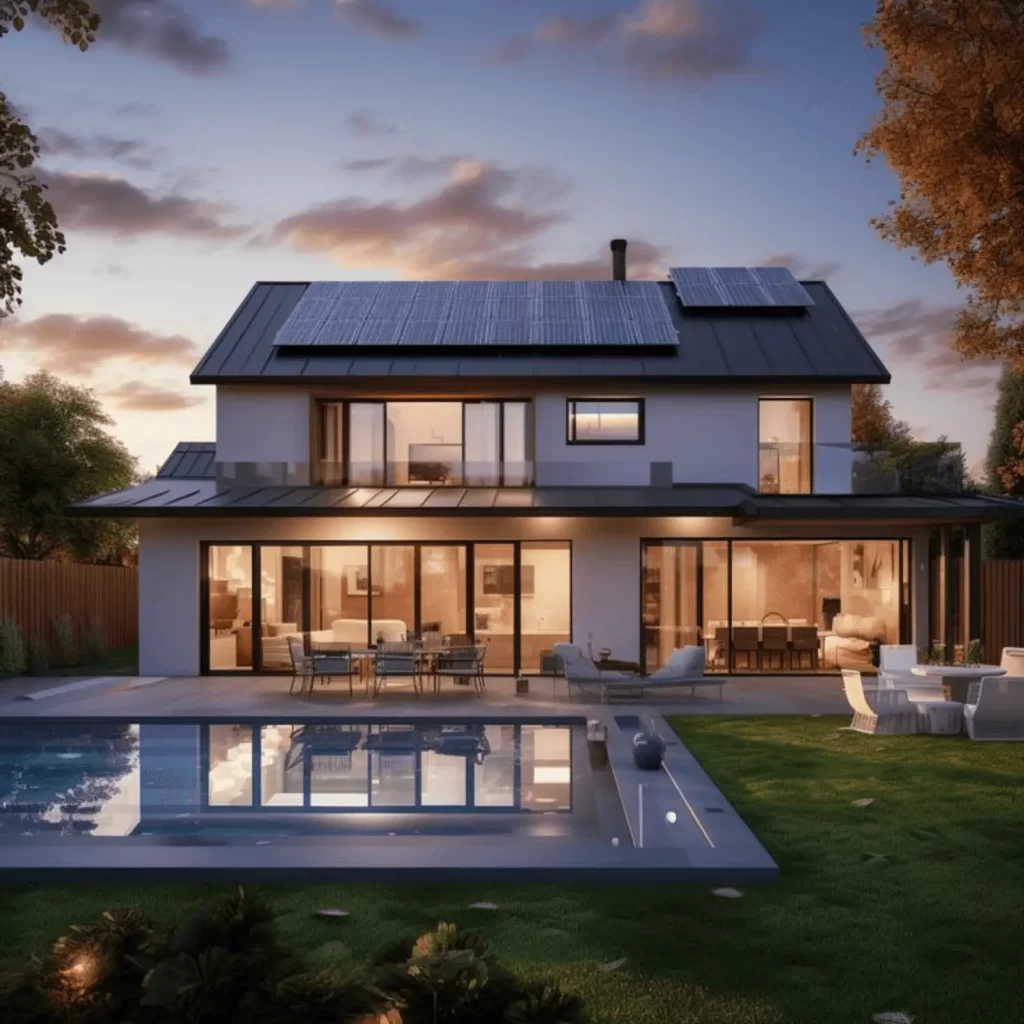 a house with a solar panel, a pool, and a lawn